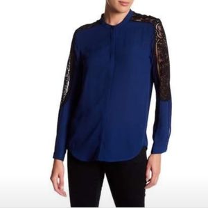 The Kooples Chiffon Blouse with Black Lace Sleeve